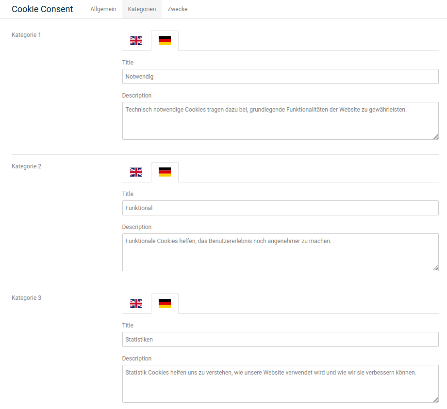 Reiter _**Kategorien**_ des Cookie Consent-Moduls