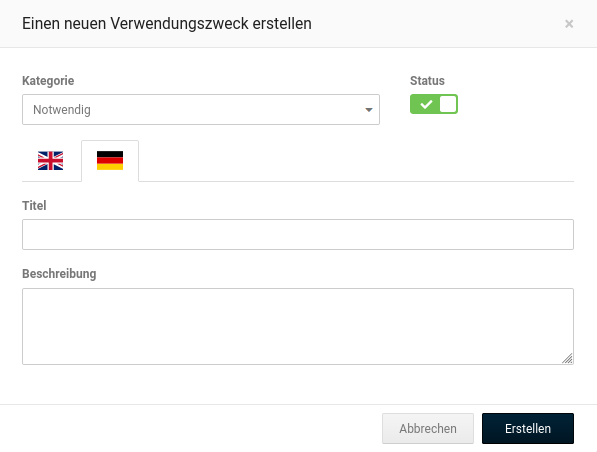 Eingabemaske zum Erstellen eines neuen Zwecks
