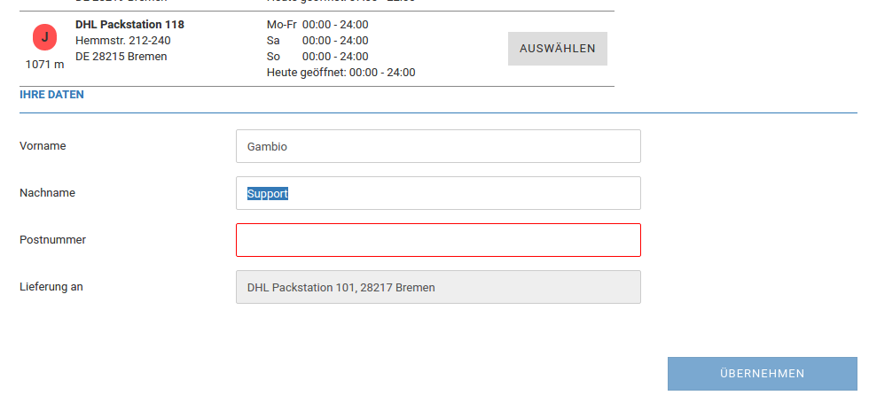 Eingabe der Postnummer nach Auswahl der Packstation