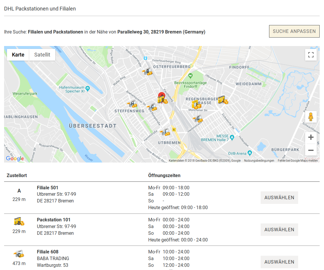 Anzeige der Packstationen mit Karte