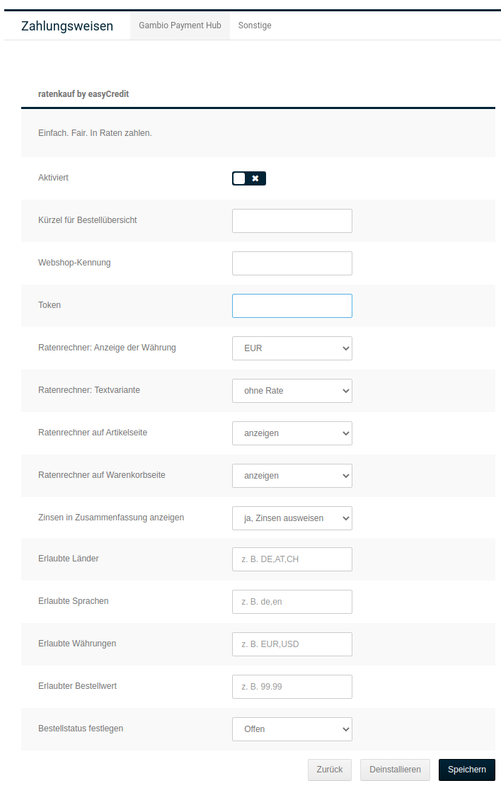 Konfigurationsseite des easyCredit-Moduls.