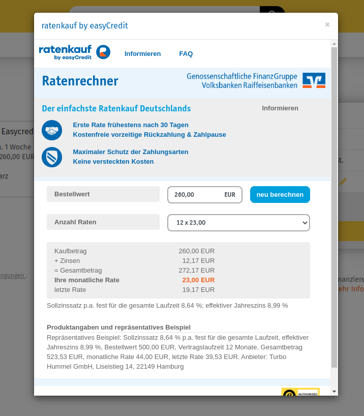 Anzeige des Ratenrechners