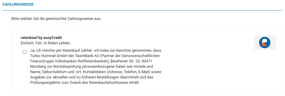 Darstellung des Moduls auf der Zahlungsweisen-Seite bei identischen Adressen (Versand- und Rechnungsadresse)