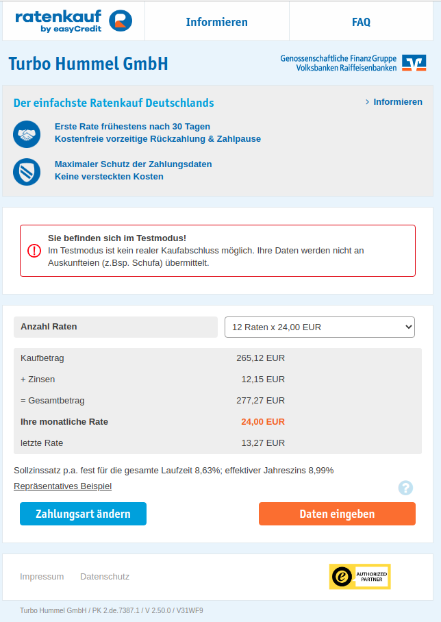 Ratenübersicht im easyCredit-Anfragebogen