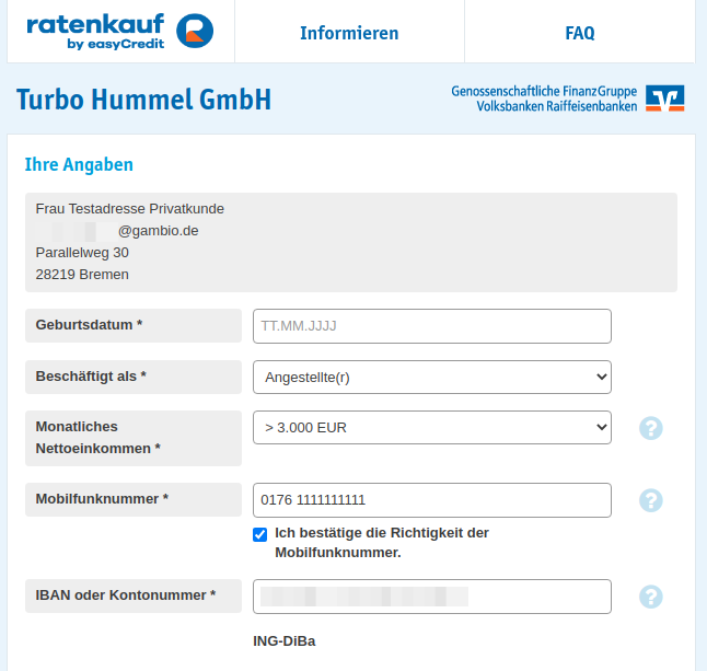 Dateneingabe im easyCredit-Anfragebogen