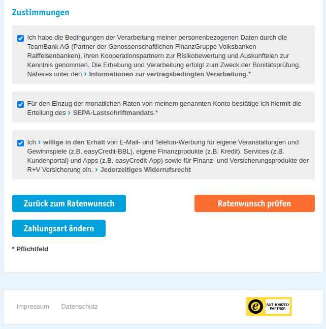 Zustimmungen im easyCredit-Anfragebogen