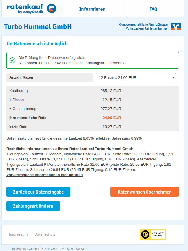 Ratenübersicht nach positiver Prüfung im easyCredit-Anfragebogen