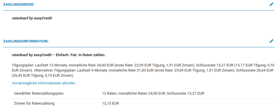 Darstellung des Moduls auf der Zahlungsweisen-Seite nach erfolgreicher Prüfung