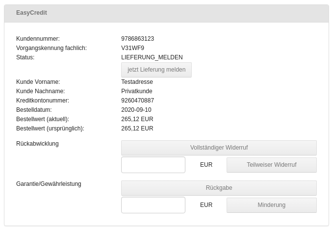 Anzeige der Zahlungsinformationen für easyCredit in den Bestelldetails