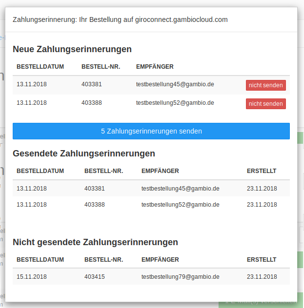 Verlauf der Zahlungserinnerungen