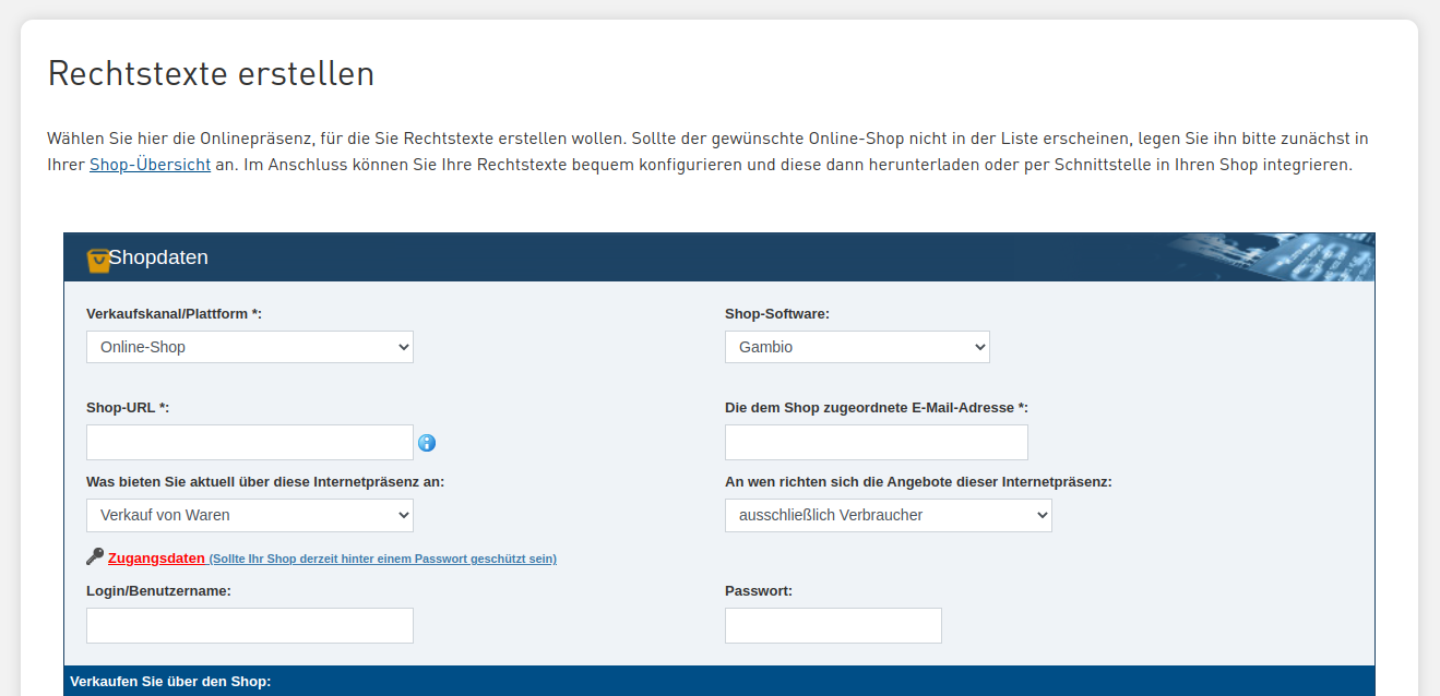 Angabe der Shopdaten