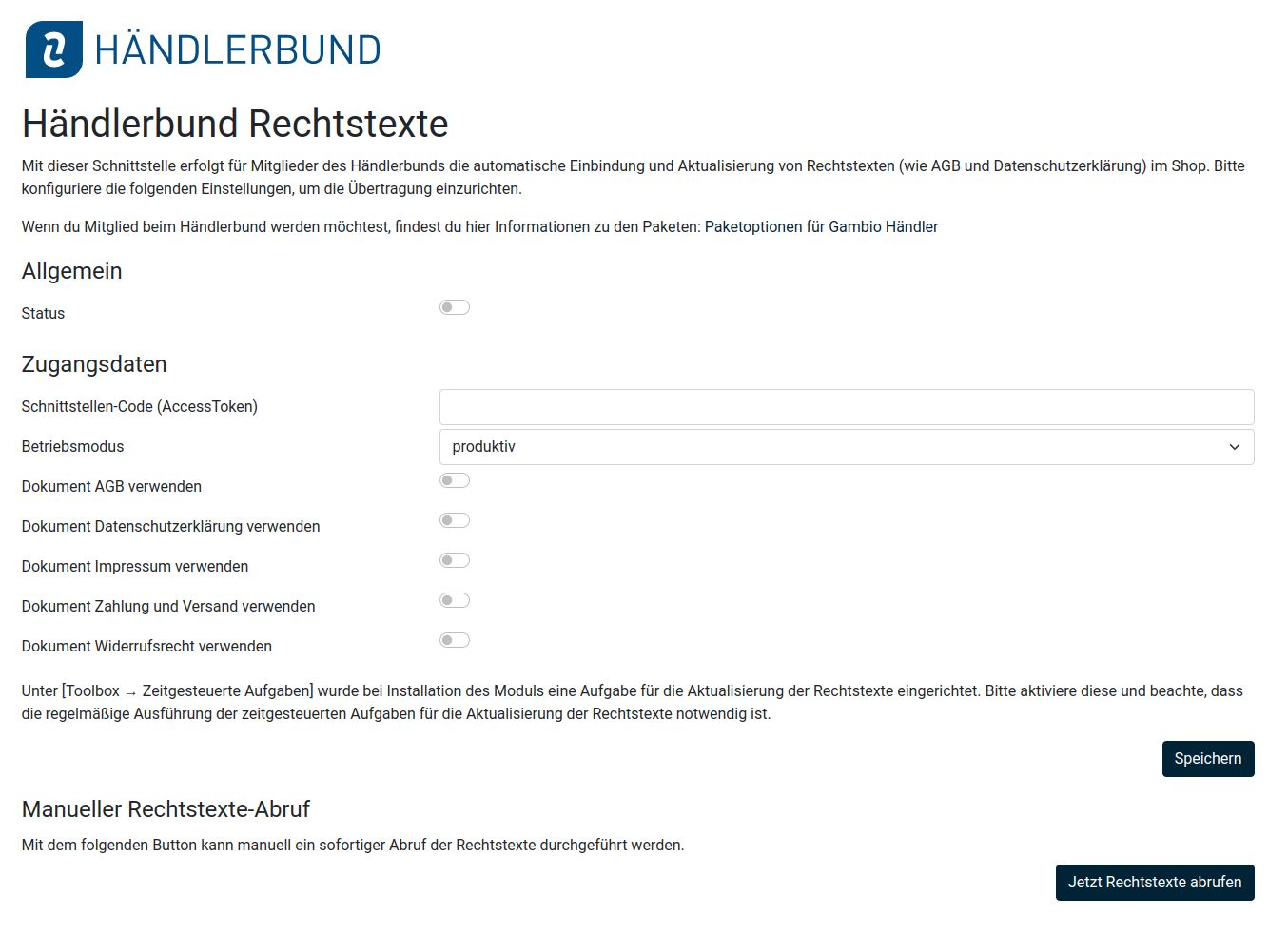 Konfigurationsseite nach Eingabe des Access-Tokens