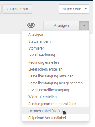 Auswahl von Hermes (HSI) über die Dropdown-Schaltfläche