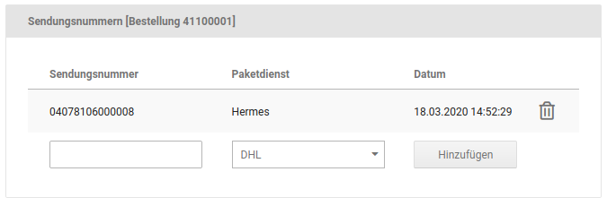 Sendungsnummer in der Bestellung (Detailansicht)