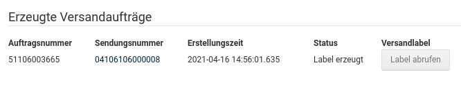 Anzeige nach dem Abrufen des erzeugten Labels