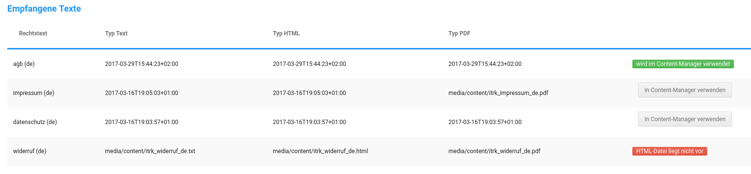Abschnitt Empfangene Texte auf der Konfigurationsseite des IT-Recht Kanzlei-Moduls
