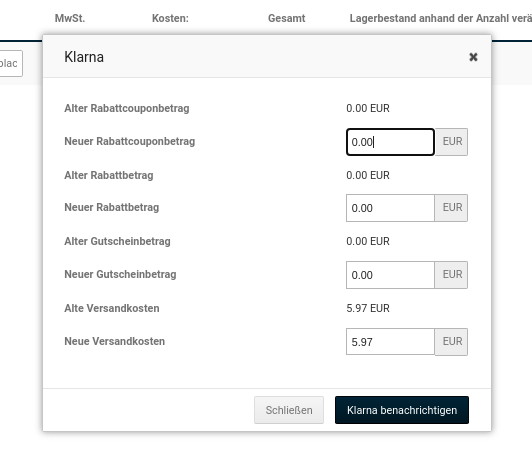 Änderung von Versandkosten, Rabatten, Coupon- und Gutscheinbeträgen