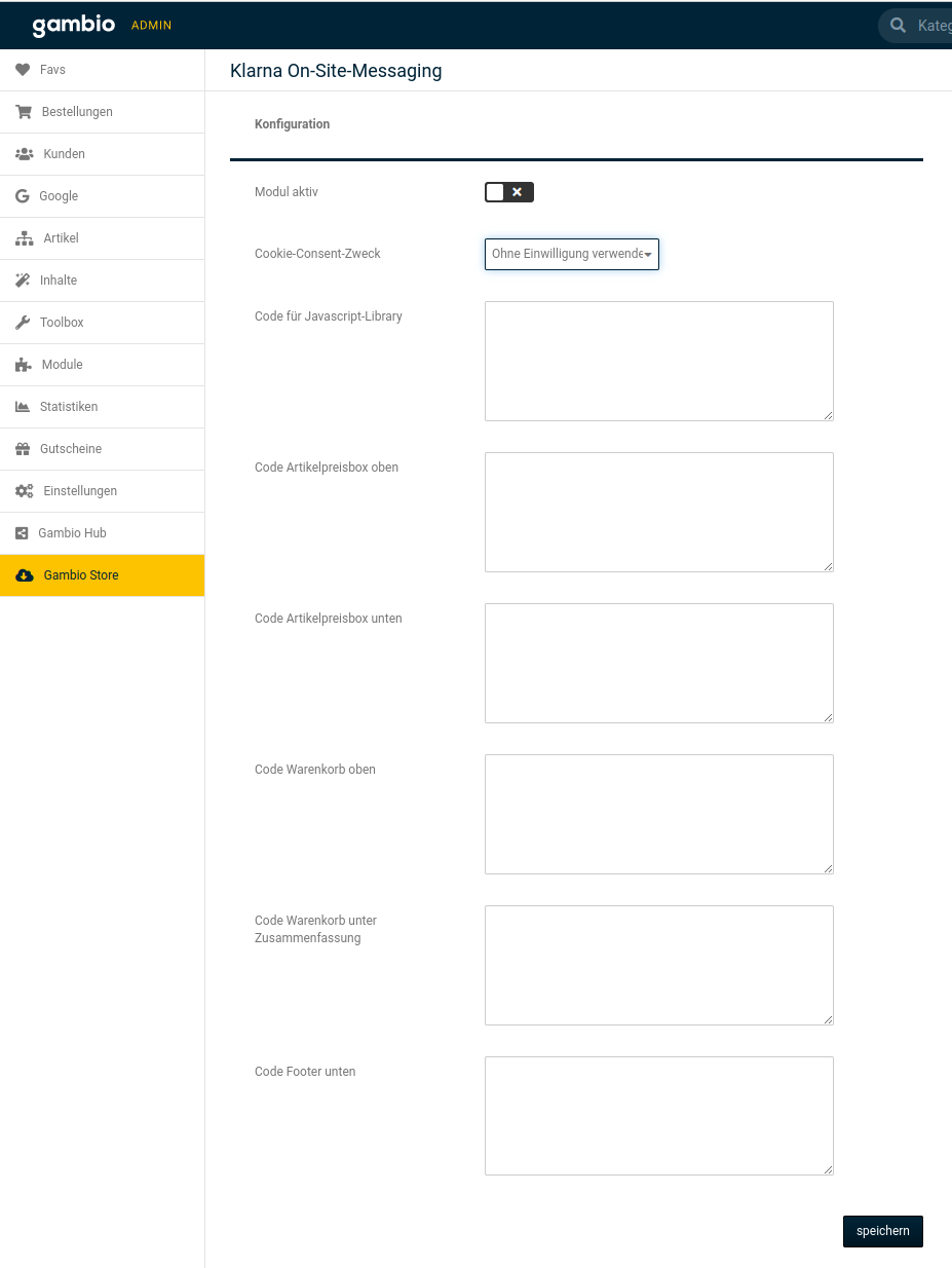 Konfigurationsseite von Klarna On-Site-Messaging