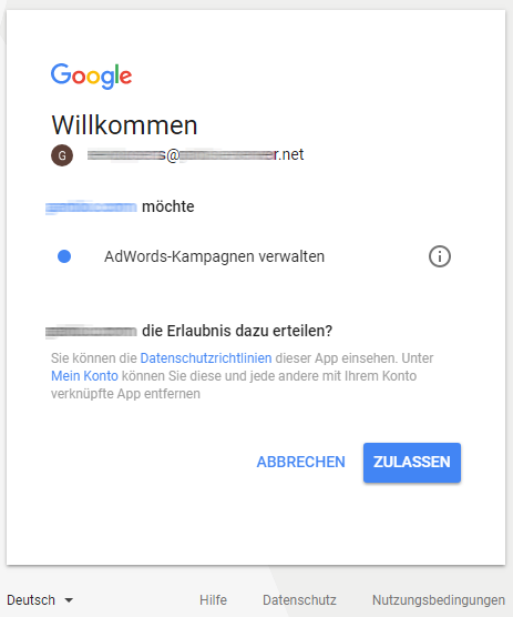 Dialog nach Anmeldung