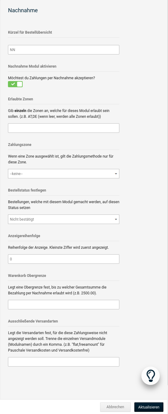 Konfigurationsmaske _**Nachnahme**_
