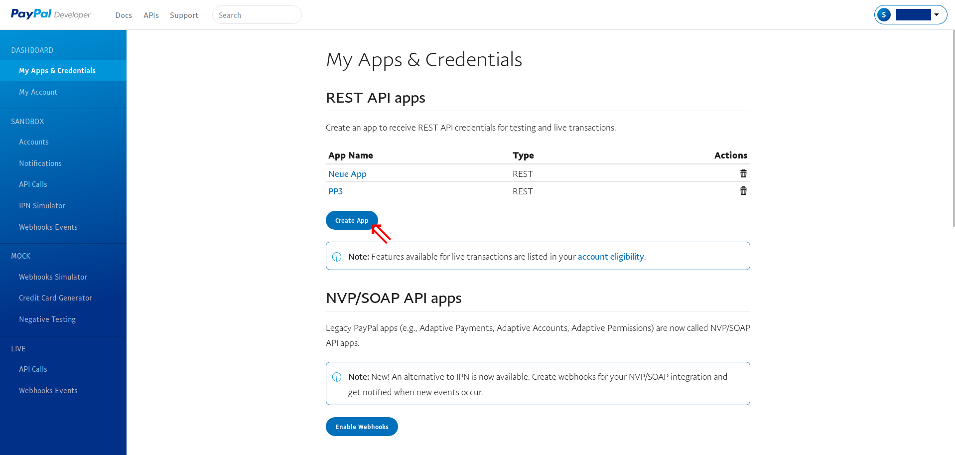 Schaltfläche Create App unter Dashboard