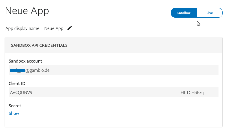 Sandbox-Daten, klicke rechts oben auf Live