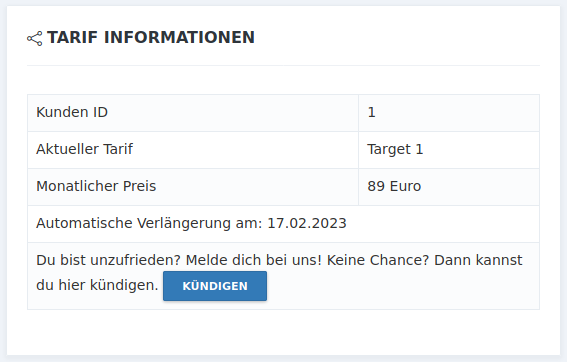 Anzeige der Tarif Informationen