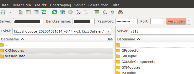 Ansicht eines FTP-Clients (FileZilla), links ist der Ordner des Installationspakets geöffnet, rechts das Shopverzeichnis