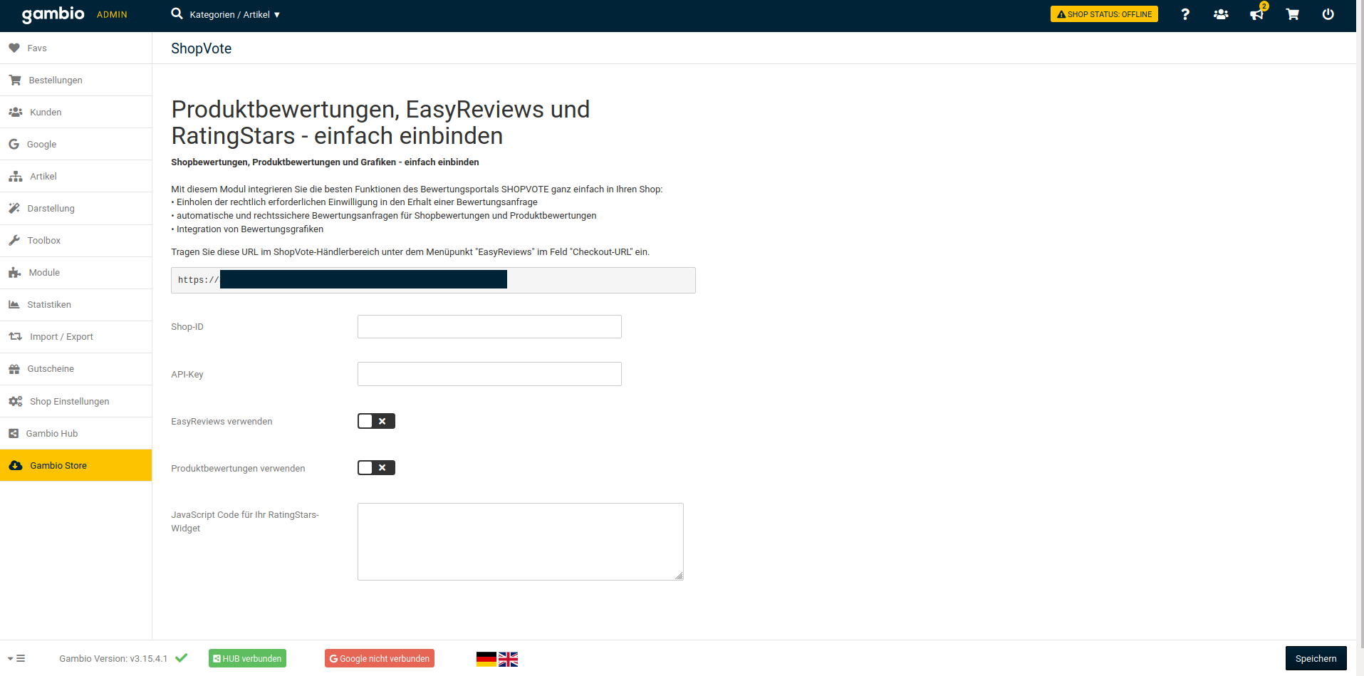 Konfigurationsseite des ShopVote-Moduls