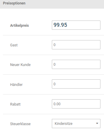Steuerklasse ausgewählt in Preisoptionen