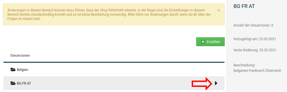 Aufruf der Details für die neue Steuerzone