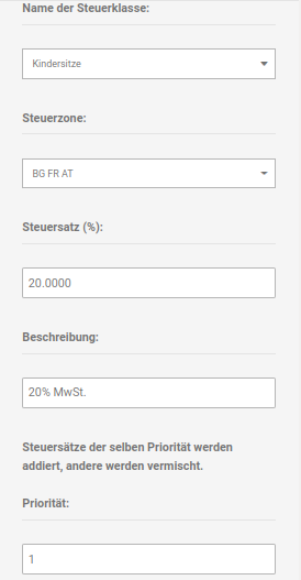 Steuersatz für Kindersitze in der neuen Steuerzone