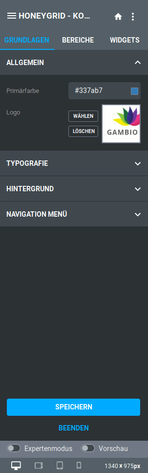 Menü _**Grundlagen**_ mit dem aufgeklappten Abschnitt _**Allgemein**_