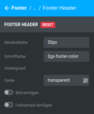 Einstellungen unter _**Bereiche / Footer / Standard / Footer Header**_