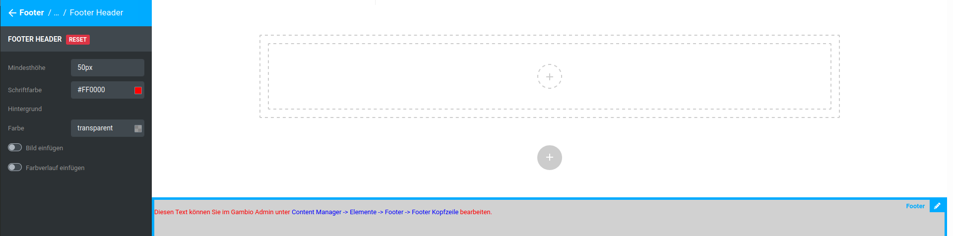 Footer Header mit Schriftfarbe rot, der blaue Schriftzug wurde im zugehörigen Content eingestellt.