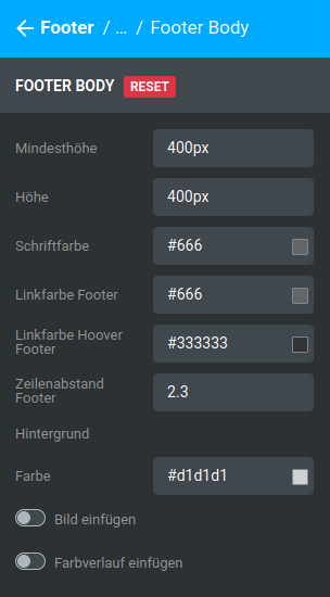 Einstellungen unter _**Bereiche / Footer / Standard / Footer Body**_