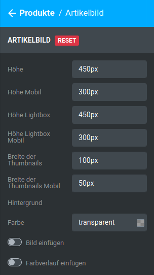 Einstellungen unter _**Bereiche / Produkte / Artikelbild**_