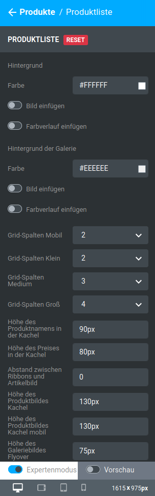 Einstellungen unter _**Bereiche / Produkte / Produktliste**_
