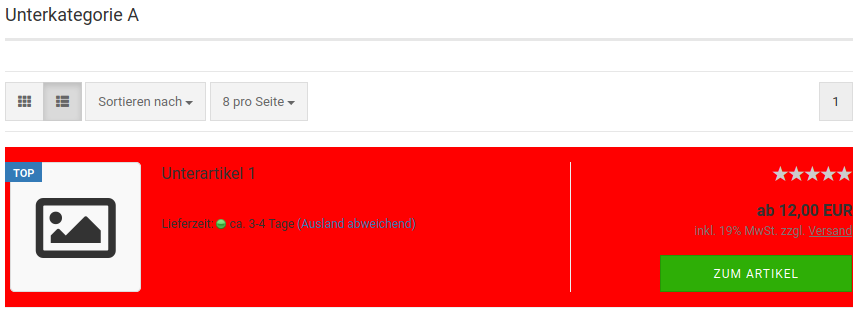 Hintergrundfarbe rot (#FF0000) in gelisteter Ansicht