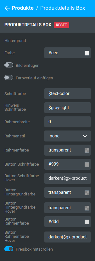 Einstellungen unter _**Bereiche / Produkte / Produktdetails Box**_