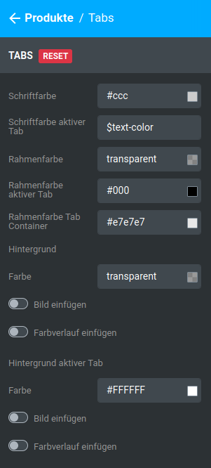 Einstellungen unter _**Bereiche / Produkte / Tabs**_
