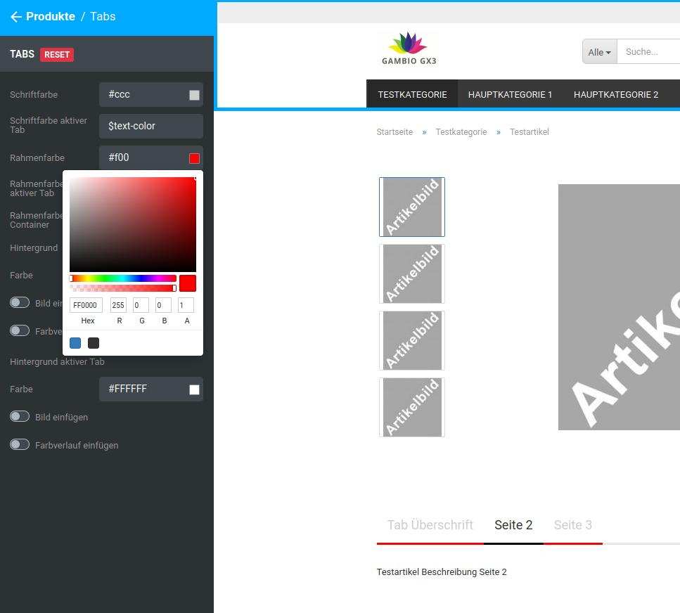 Darstellung der Tabs mit Rahmenfarbe rot (#FF0000)