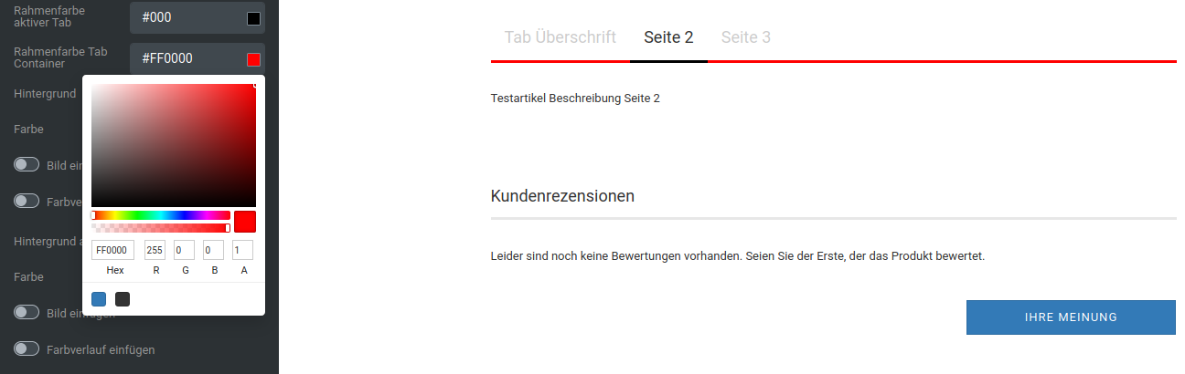 Rahmenfarbe Tab Container wurde auf rot (#FF0000) gesetzt