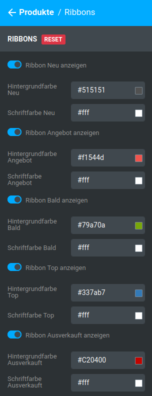 Einstellungen unter _**Bereiche / Produkte / Ribbons**_
