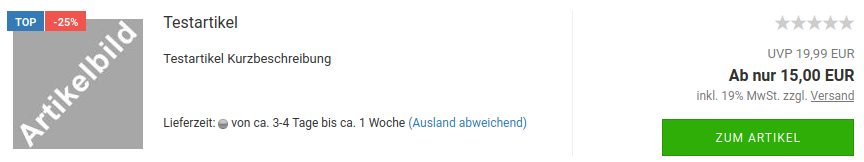 Ribbons _**Top**_ (Empfehlung) und _**Angebot**_ in der Listenansicht (Produktliste)