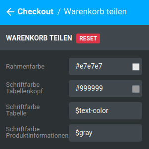 Einstellungen unter _**Bereiche / Checkout / Warenkorb teilen**_
