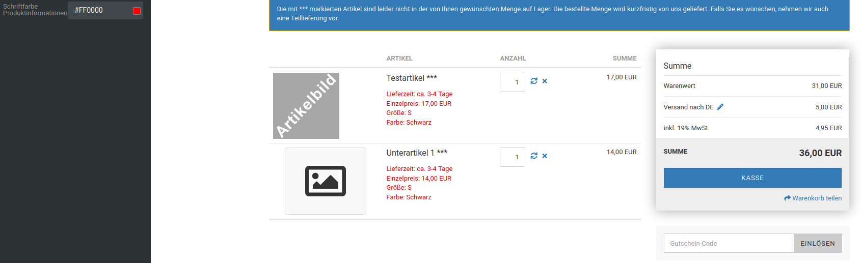 Schriftfarbe Produktinformationen rot (#FF0000)