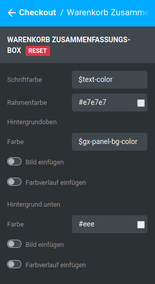 Einstellungen unter _**Bereiche / Checkout / Warenkorb Zusammenfassungsbox**_