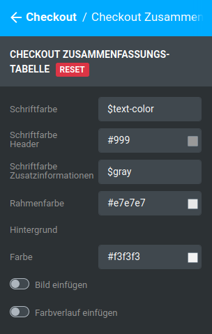 Einstellungen unter _**Bereiche / Checkout / Checkout Zusammenfassungstabelle**_