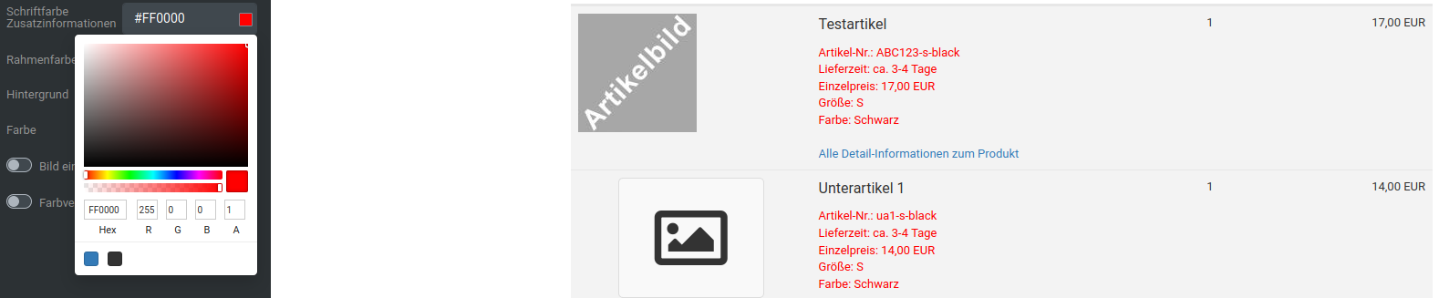 Schriftfarbe Zusatzinformationen rot (#FF0000)